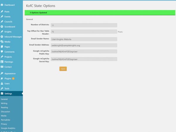 Screenshot of the Admin Settings Page