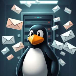 Tux in front of an email server