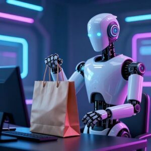 Robot with a shopping page in front of a computer in a cyberpunk room.